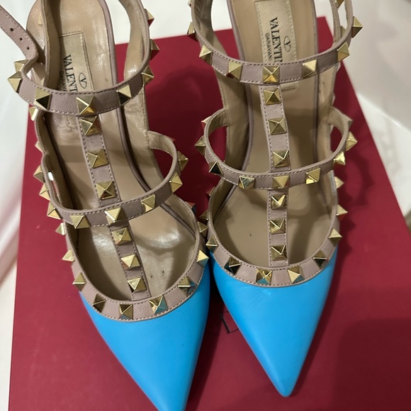 VALENTINO Rockstud Accents Leather Gold Stud T-strap Bright Blue Pump Heel 37 - Picture 6 of 15
